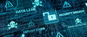 Hacker attack computer hardware cybersecurity exploit database breach concept, virus malware unlock warning screen