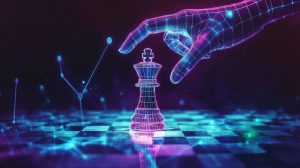 A digital hand moves a king chess piece on a glowing board. Concept of choosing between vCISO and CISO