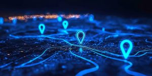 blue glowing location pins on a map with one pin highlighted and connected lines forming a path from one point to another, cybersecurity strategy concept