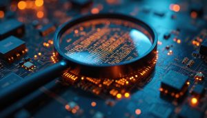 Magnifying glass over circuit board analyzes cyber security. Digital data, encryption, protection strategy, risk assessment, vulnerability analysis, IT security network management.