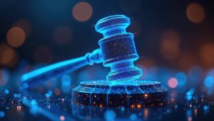 Neon blue digital gavel on futuristic circuit board base. AI and tech influence on law, justice and court decisions. Abstract legal concept.