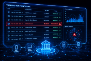 Futuristic financial cybersecurity dashboard monitoring suspicious banking transactions and account takeover threats in real time.