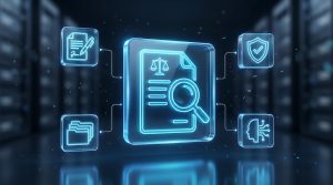 futuristic legal technology concept featuring digital compliance audit document with scale and magnifying glass icons. concept of meeting regulations.